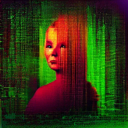 Image similar to “music album cover Bjork style redhead girl in a magic forest glitch noise pixelsorting RGB shift high resolution”