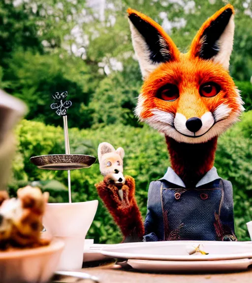 Prompt: film still from the movie chappie outdoor park plants garden scene bokeh depth of field sitting down at a table having a delicious grand victorian tea party crumpets close up masterpiece portrait of a furry anthro anthropomorphic stylized fox wearing suit