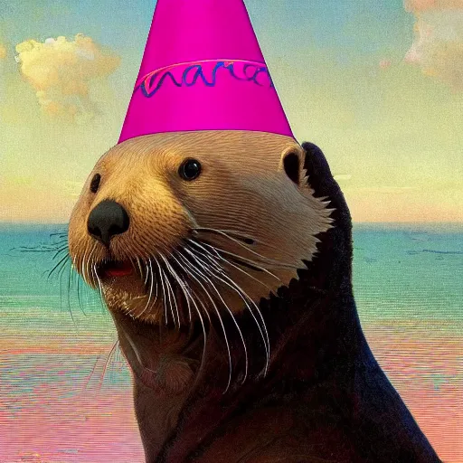 Prompt: a picture of a sea otter with a bright pink party hat on its head, holding an orange bell pepper in its paws, full portrait, decorated with oceanic motifs, intricate, elegant, highly detailed, symmetry, headpiece, digital painting, artstation concept art smooth sharp focus, illustration, art by artgerm and greg rutkowski alphonse mucha 8 k