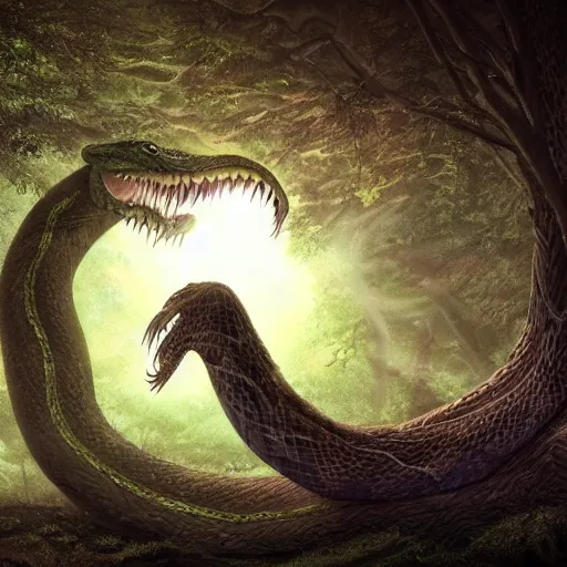 Image similar to A beautiful photograph of a large, looming creature with a long, snake-like body. The creature has many large, sharp teeth, and its eyes glow a eerie green. It is wrapped around a large tree, which is bent and broken under the creature's weight. There is a small figure in the foreground, clutching a sword, which is dwarfed by the size of the creature. mariachi by Marianne von Werefkin, by Worthington Whittredge manmade