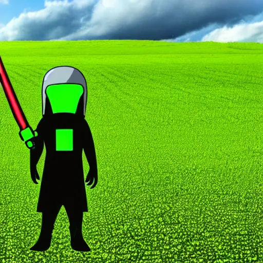 Image similar to an alien is standing in a field with a green lightsaber