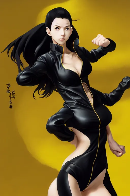 Prompt: black ponytail hair, pale woman in a black unzipped jacket and yellow bikini, yellow eyes, by artgerm, black backdrop, masterpiece, beautiful render, matte painting, realistic, fighting pose, dynamic angle, beautiful face, young half asian woman, by greg rutkowski makoto shinkai takashi takeuchi