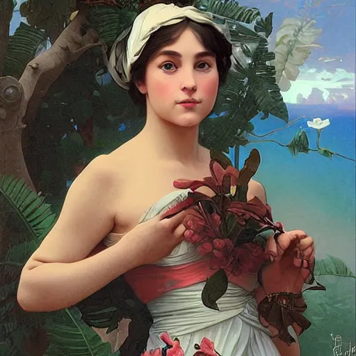 Image similar to a vintage portrait painting of a fantasy explorer lady, highly detailed, art by tristan eaton and artgerm and william - adolphe bouguereau