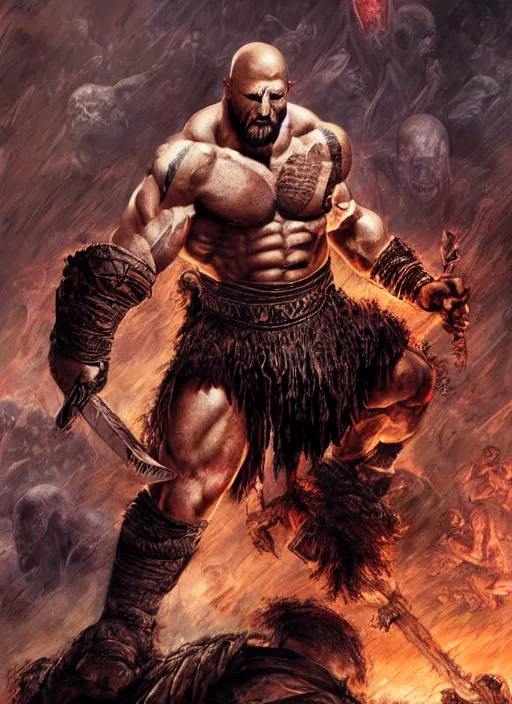 Prompt: a highly detailed beautiful 3 5 mm photo of dwayne johnson kratos hybrid god of war holding a sword and fighting zombies on a pile of human skulls, spartan warrior, olympian god, muscular!, frank frazetta, boris vallejo, action pose, ambient lighting, volumetric lighting, octane, fantasy