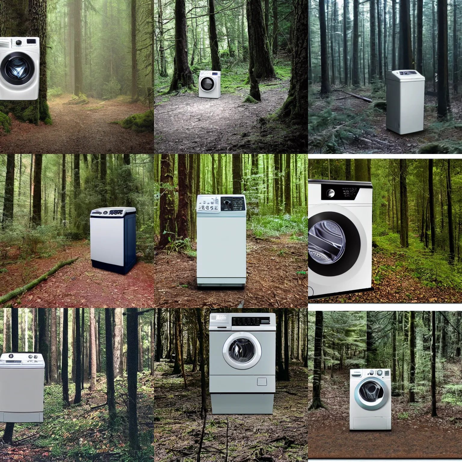 Prompt: cctv footage of a washing machine in the forest