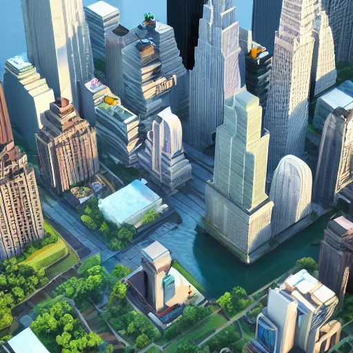 Prompt: low poly art of new york city skyscrapers on a round floating island in the sky, surrounded by waterfalls, isometric art, 3d render, ray tracing, high detail, artstation, concept art, behance, smooth, sharp focus, ethereal lighting, unreal engine 5
