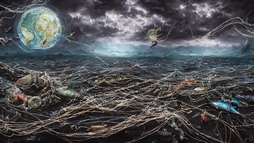 Prompt: Thousands of dead fish in space, fish hooks, seaweed, highly detailed, yuumei, Adam duff lucidpixul, natural lighting, dark atmosphere, digital painting, creepy and dark feelings, metal fishing hooks and nets everywhere, in the background there is an image of the earth dying