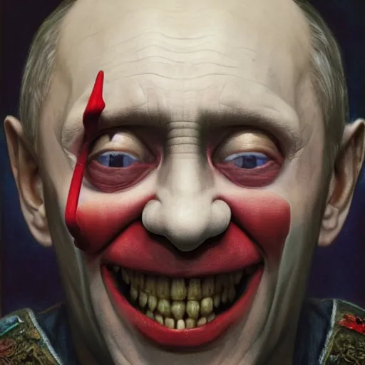 Prompt: vladimir putin, medieval jester, court jester, fool, unga bunga, wearing clown nose, horror teeth, fantasy 3 d render, masterpiece, by donato giancola and greg rutkowski and wayne barlow and zdzisław beksinski, realistic face