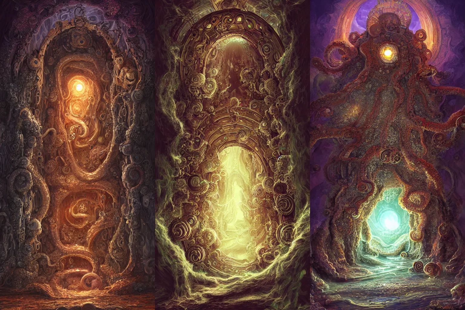 Prompt: The gate to the eternal kingdom of octopodes bacteria, fantasy, digital art, HD, detailed.