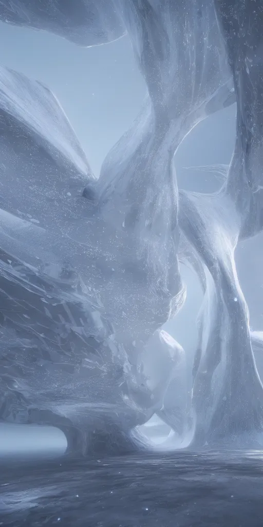 Image similar to interdimensional galaxy portal covered in frost, zaha hadid hyader alive, ice gate, volumetric light, volumetric fog, unreal engine, photorealistic, 8 k