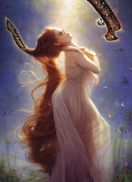 Image similar to Amy Adams staring into the camera, misty wisps, fireflies, Lilia Alvarado, Sophie Anderson, Mark Arian, Bob Byerley, Charlie Bowater, Mark Brooks, Steve Henderson, Justin Gerard, Arthur Hughes, Edward Robert Hughes, Mark Keathley, Victor Nizovtsev, Carlos Shwabe, Ross Tran, WLOP