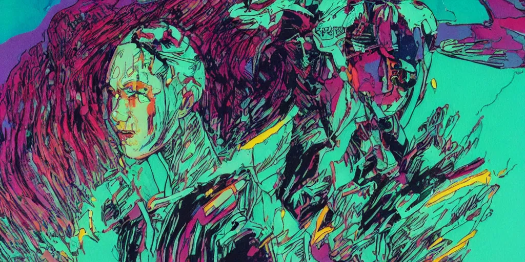 Prompt: a close - up grainy, risograph painting, hyper light drigter, neon colors, a big porcelain glossy eva 0 0 1 - like head, with long hair, floating above the sharp peaks weapons, style by moebius and kim jung gi