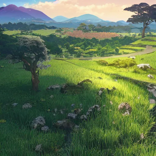 Prompt: magnificent and fantastic landscape, countryside in japan, big scene, summer, here is some farmland, blue sky and white clouds, there are some japanese country buildings, lots of plants, some mountains in the distance, light effect, unreal engine, wlop, artstation, ghibli, miyazaki hayao, makoto shinkai