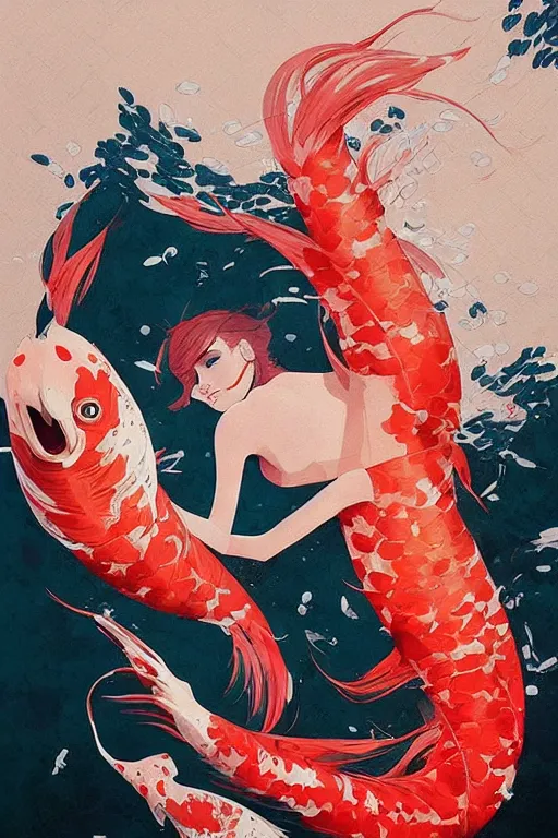 Image similar to a ultradetailed beautiful portrait panting of a stylish woman surrounded by floating koi fish, by conrad roset, greg rutkowski and makoto shinkai, trending on artstation