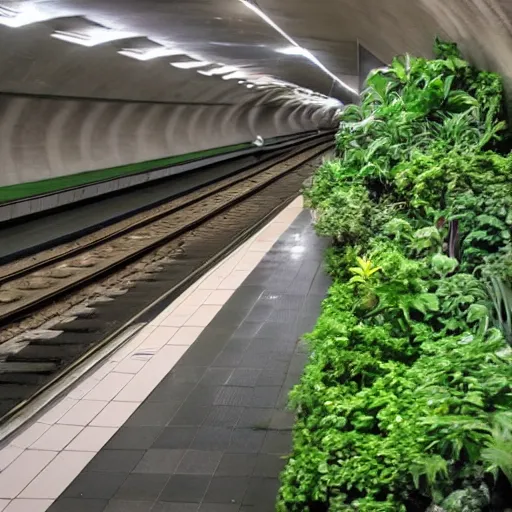 Prompt: subway station, lots of green, plants, ecofuturism