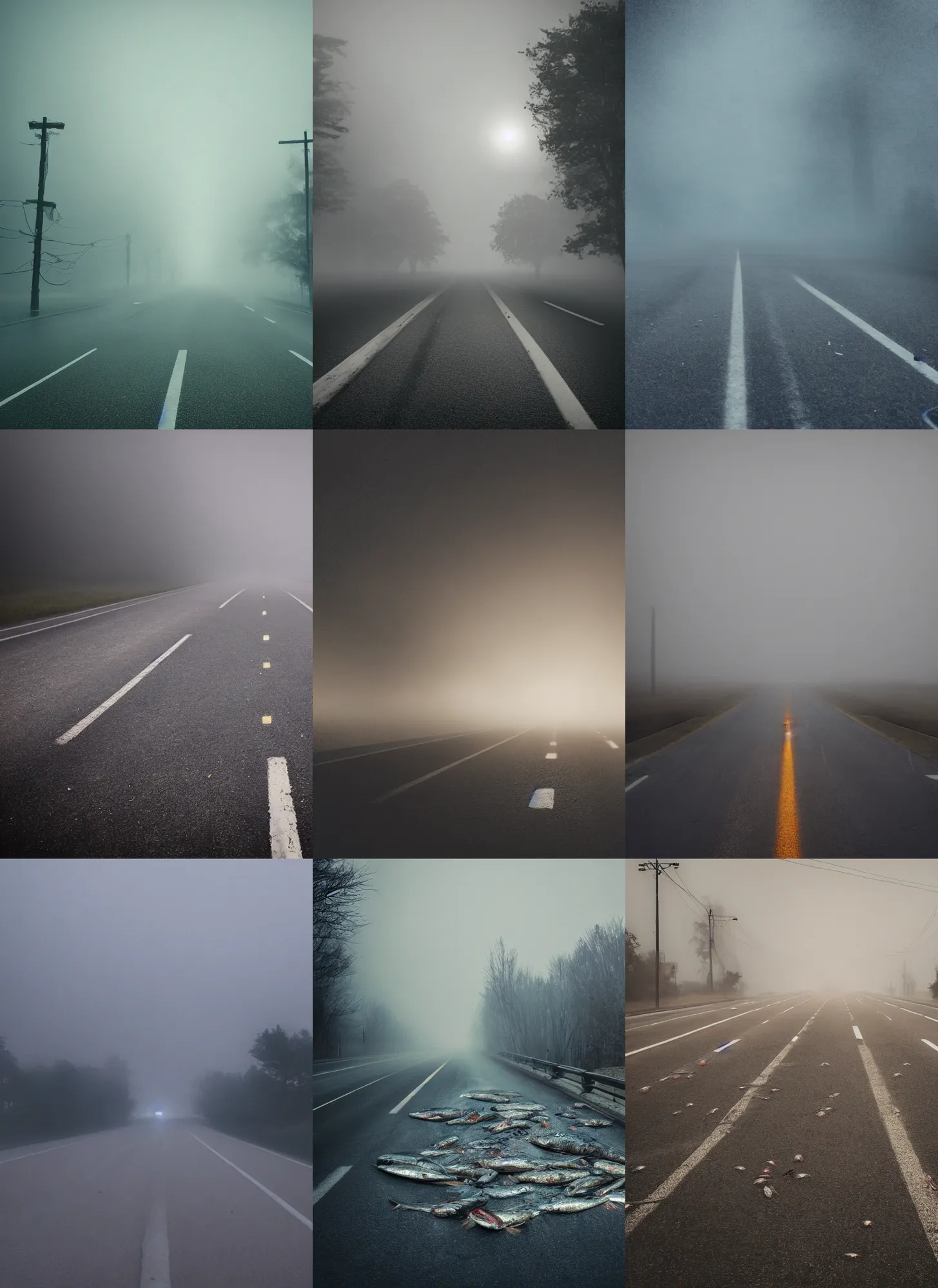 Prompt: cinematic still of a road littered with dead fish, apocalyptic, light fog, 4 k