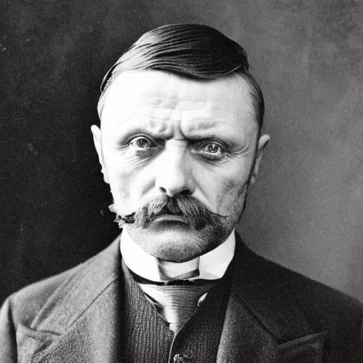 Image similar to headshot edwardian photograph of anthony hopkins, mads mikkelsen, arthur shelby, terrifying, scariest looking man alive, 1 8 9 0 s, london gang member, intimidating, fearsome, realistic face, peaky blinders, 1 9 0 0 s photography, 1 9 1 0 s, grainy, blurry, very faded!