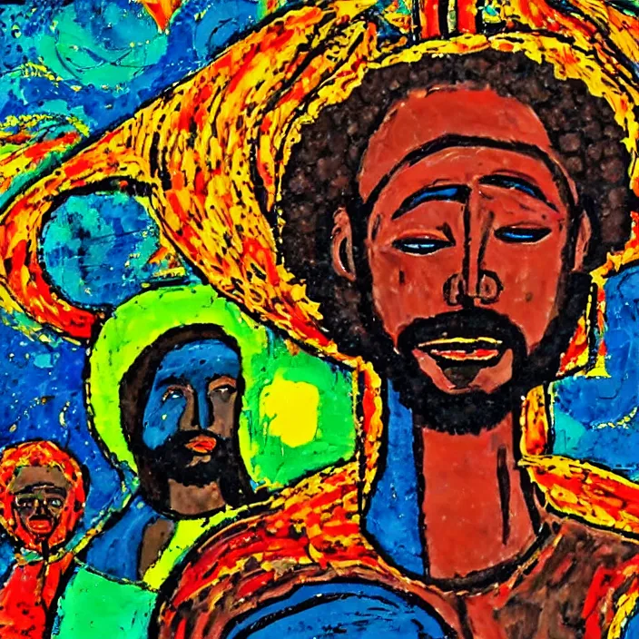 Image similar to UFO hovering over an African Jesus , colourful, in the style of Nigerian truck art,