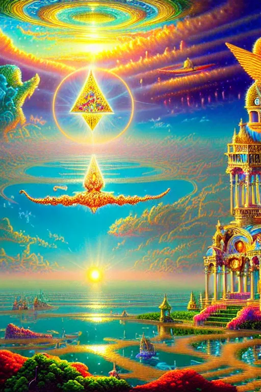 Prompt: a photorealistic detailed cinematic image of a beautiful vibrant iridescent future for human evolution, spiritual science, divinity, utopian, cumulus clouds, ornate aquatic architecture, isometric palace, ornate intricate embellished kingdom. visionary art fantasy jewels and diamonds, by david a. hardy, kinkade, lisa frank, wpa, public works mural, socialist