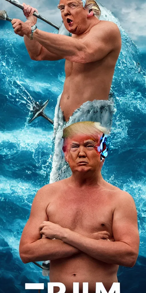 Prompt: donald trump as poseidon, king of the ocean, movie poster