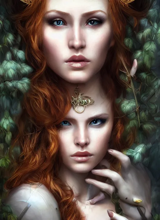 Prompt: a beautiful woman archer, 8 k, hyperrealistic, hyperdetailed, uhd, beautiful face, long ginger hair, dark fantasy, dark forest, fantasy portrait by laura sava