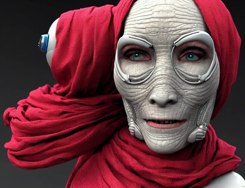 Image similar to cinematic bust portrait of robo! - cyborg!! granny, a scarf tied on the head, by jean giraud, trending artstaition, 3 d, unreal engine