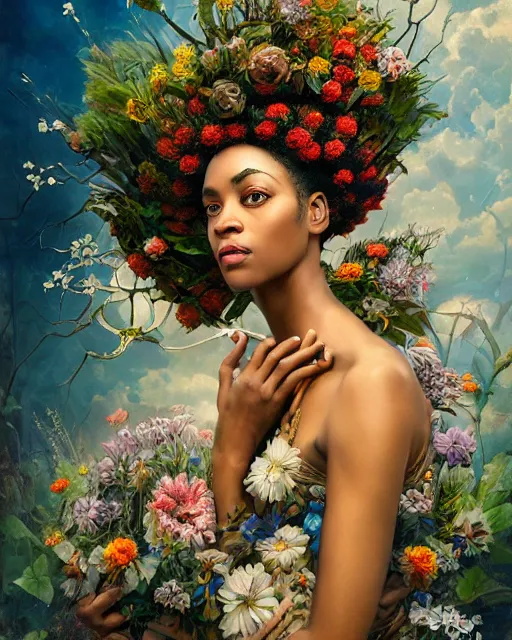 Image similar to portrait of the african queen of the underworld, surrounded by flowers by karol bak, james jean, tom bagshaw, rococo, sharp focus, trending on artstation, cinematic lighting, hyper realism, octane render, 8 k, hyper detailed.