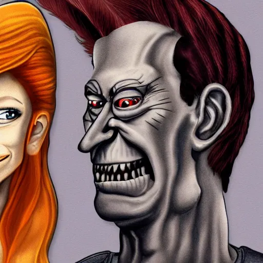 Image similar to a realistic portrait of fry and lila from futurama in the style of h. r. giger