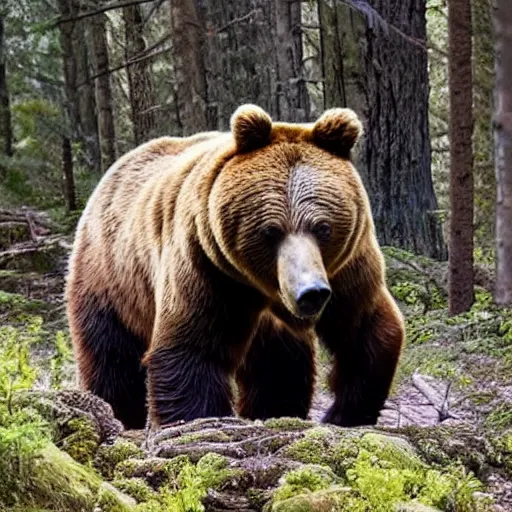 Prompt: photo of a brown bear riding on the back of ben affleck in the forest