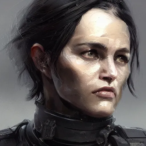 Prompt: portrait of a woman by greg rutkowski, she is about 3 0 years old, messy black bob hair, pale round face, tired eyes, she is wearing futuristic black colored tactical gear, highly detailed portrait, digital painting, artstation, concept art, smooth, sharp foccus ilustration, artstation hq