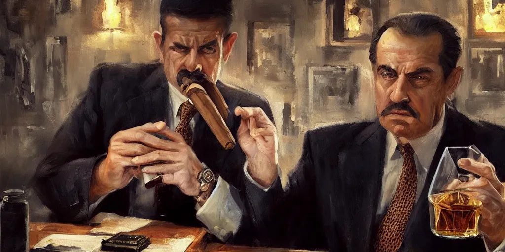 Image similar to beautiful oil matte portrait painting, mafia boss holding a cigar and drinking whiskey at his 5 0 s new york office desk, wonderful masterpiece highly detailed, beautiful cinematic light deep focus, elegant, digital painting, smooth, sharp focus, golden ratio, dramatic illumination, ultra realistic, 8 k, art by jimmy law