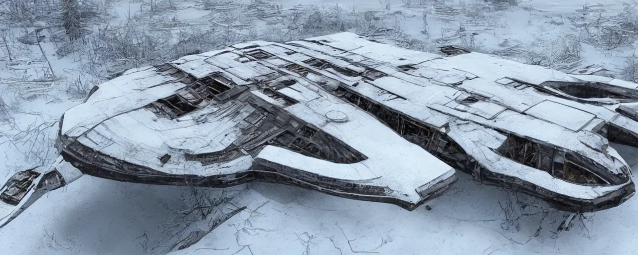 Prompt: abandoned starship in covered in snow, hyper detailed, ultra realistic