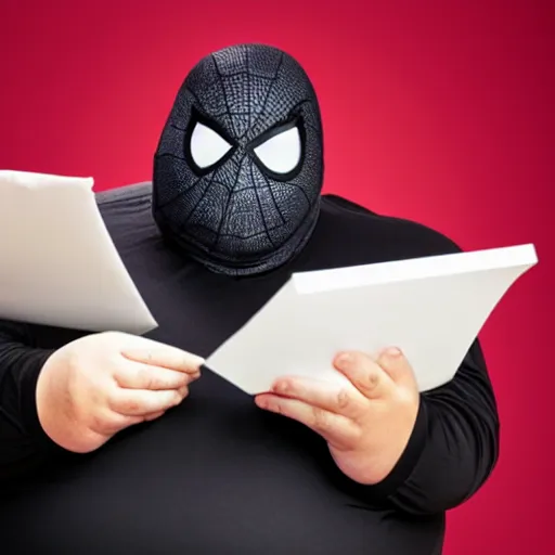 Image similar to portrait photo of old, fat spiderman with a mask doing taxes