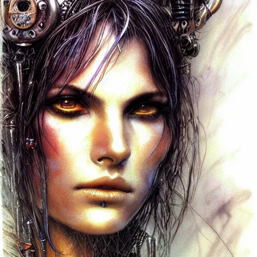 Image similar to an award finning closeup facial portrait by luis royo and john howe of a very beautiful and attractive female bohemian cyberpunk traveller aged 1 9 in excessively fashionable cyberpunk gear