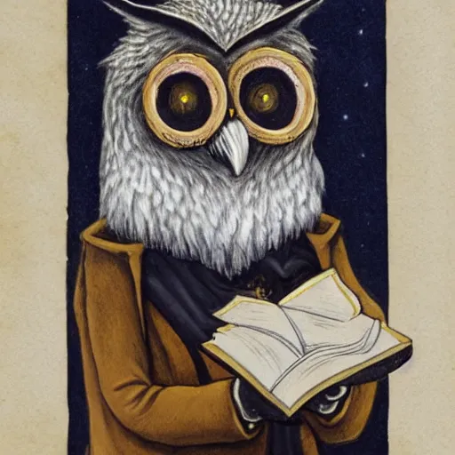 Prompt: portrait of an owlfolk wizard with a monocle, holding a spellbook