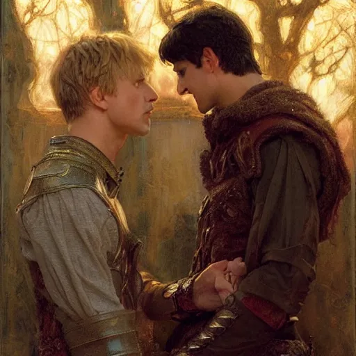 Image similar to attractive male arthur pendragon confesses his love to attractive male merlin. highly detailed painting by gaston bussiere, craig mullins, j. c. leyendecker 8 k