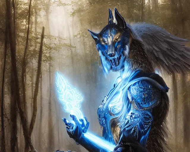 Prompt: 5 5 mm portrait photo of an armored holy wolf angelic with blue glowing eyes and looking at the camera, glowing with holy lights, holy energy, in a magical forest. magical atmosphere. art by greg rutkowski and luis royo. highly detailed 8 k. intricate. lifelike. soft light. nikon d 8 5 0.