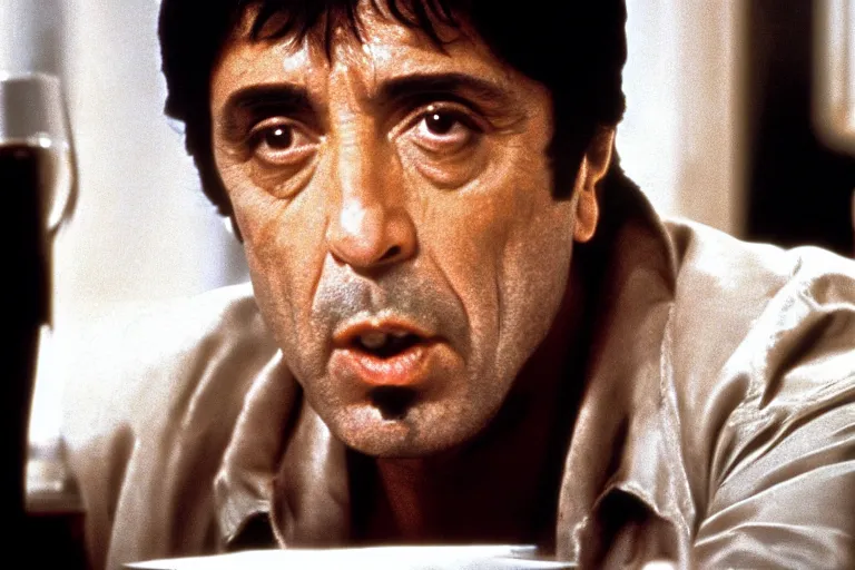 Image similar to tony montana from movie scarface 1 9 8 3 sitting at a big black oak table with big packages of flour. next to the night window. ( al pacino ). perfect symmetric face, coherent eyes,, fine details, 4 k, ron cobb, cinestill