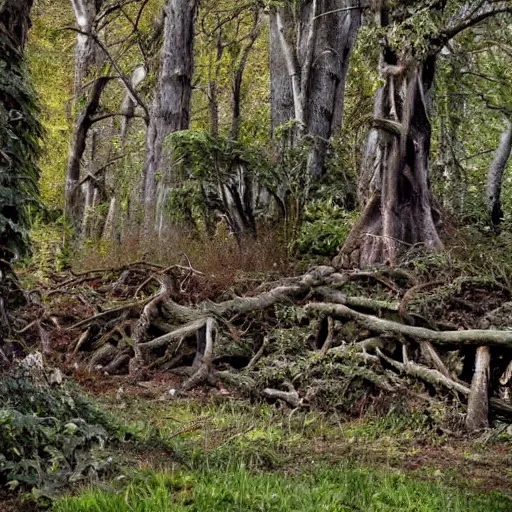 Prompt: a forest scene. squat trees have planted their roots amid coppery, rusting machinery ; they're so overgrown, we can't tell what the old machines possibly could have been used for. we can make out one larger automaton among the ruins. vines drape over all