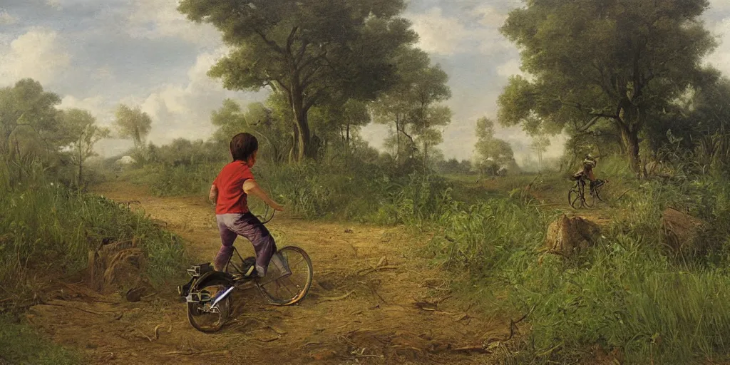 Image similar to artwork by eugene von guerard, a kid on a bike speeding away from zombies