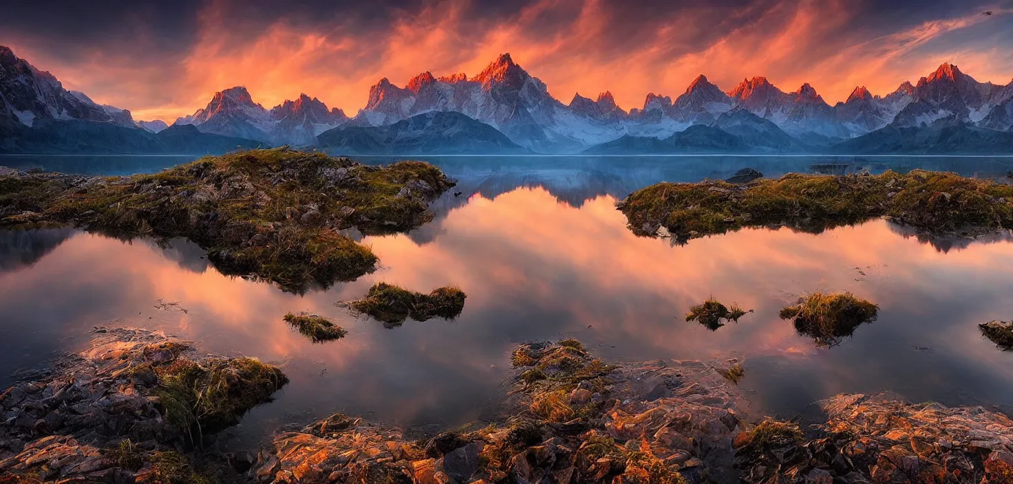 Image similar to amazing landscape photo of mountains with lake in sunset by marc adamus, beautiful dramatic lighting