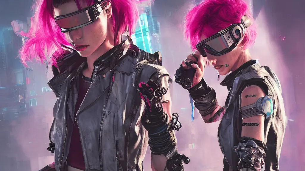 Image similar to A female cyberpunk character concept art from Cyberpunk 2077, pink Mohawk, futuristic virtual reality goggles, 1980s vest, torn shorts, by Stanley Artgerm Lau, WLOP, Rossdraws, James Jean, Andrei Riabovitchev, Marc Simonetti, and Sakimichan, trending on artstation