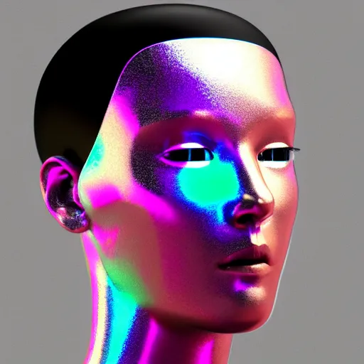 Image similar to 3d render of holographic human robotic head made of glossy iridescent, surrealistic 3d illustration of a human face non-binary, non binary model, 3d model human, cryengine, made of holographic texture, holographic material, holographic rainbow, concept of cyborg and artificial intelligence