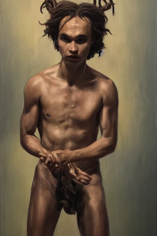 Prompt: Frank Dillane as a satyr, full body, oil on canvas, intricate, portrait, 8k highly professionally detailed, HDR, CGsociety