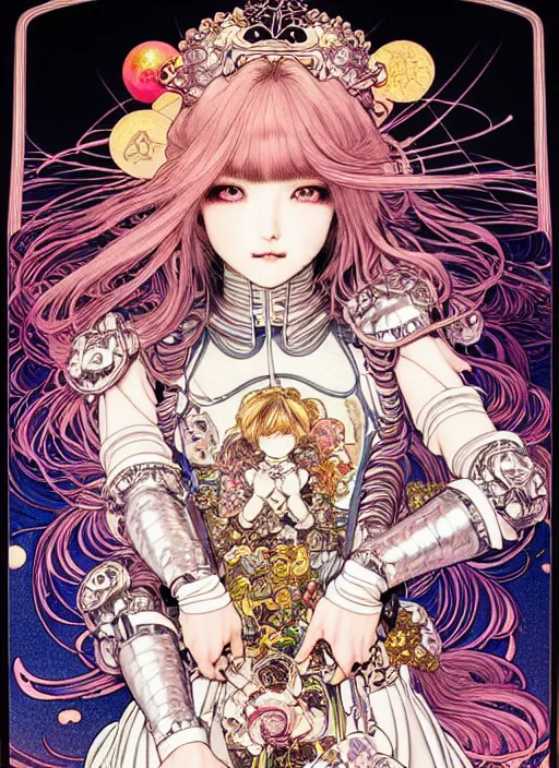 Image similar to highly detailed terada katsuya ayami kojima atrstation manga poster of princess mechine, rainbow gradient reflection, cute face by artgerm, long hair, armor, dress, laces, ruffles, 8 k, maximalist,, jump comics, tomer hanuka, alphonse mucha