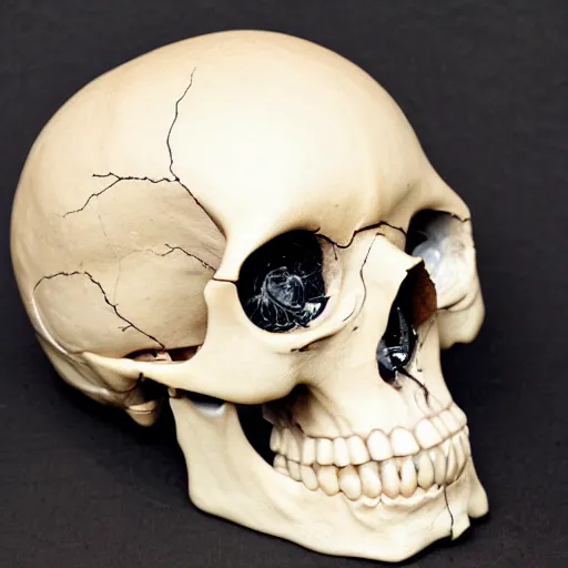 Image similar to real human skull with circluar digital eyes