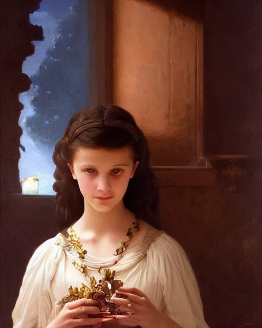 Image similar to a shadowy portrait painting of a shy, blushing 1 6 - year old alicia vikander or millie bobby brown as a princess lit only by candlelight in the darkness, intricate, elegant, highly detailed, artstation, concept art, by krenz cushart and donato giancola and william adolph bouguereau and alphonse mucha