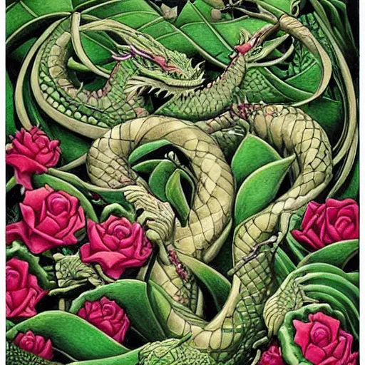 Prompt: green dragon surrounded by rosebuds, by mc escher, trending on artstation, intricate, elegant