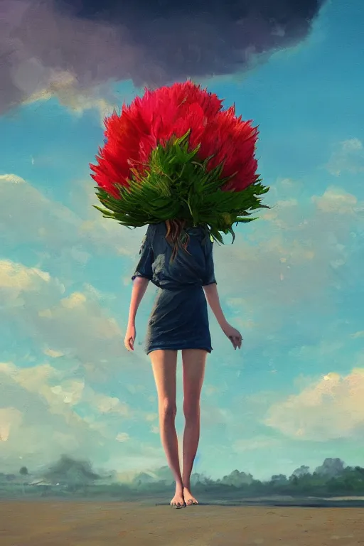 Prompt: closeup, giant flower as a head, a girl on beach, surreal photography, wind and cold, dramatic sky, impressionist painting, digital painting, artstation, simon stalenhag