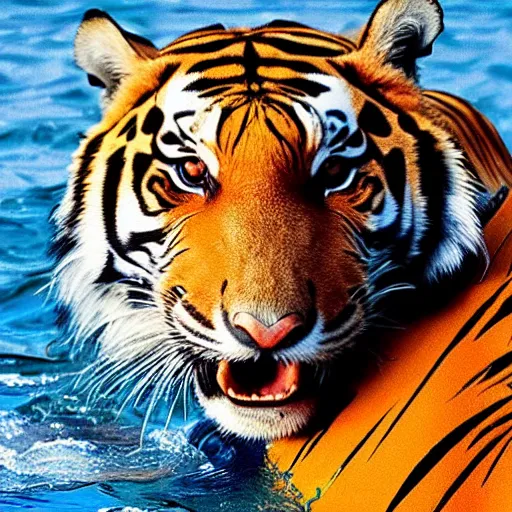 Image similar to dolphin with a tiger head,